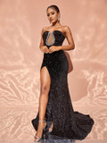 Rhinestone Detail Split Thigh Mermaid Hem Sequin Tube Formal Dress