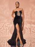 Rhinestone Detail Split Thigh Mermaid Hem Sequin Tube Formal Dress