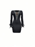 Ladies' Slim Fit Dress Embellished With Rhinestone And